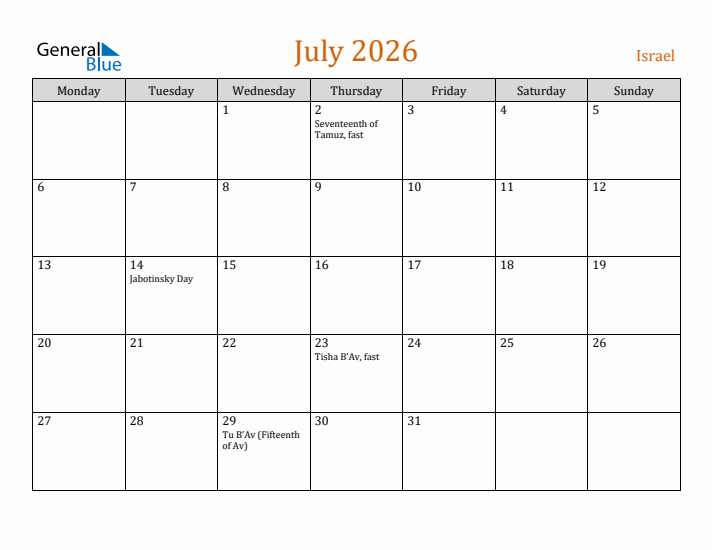 July 2026 Holiday Calendar with Monday Start