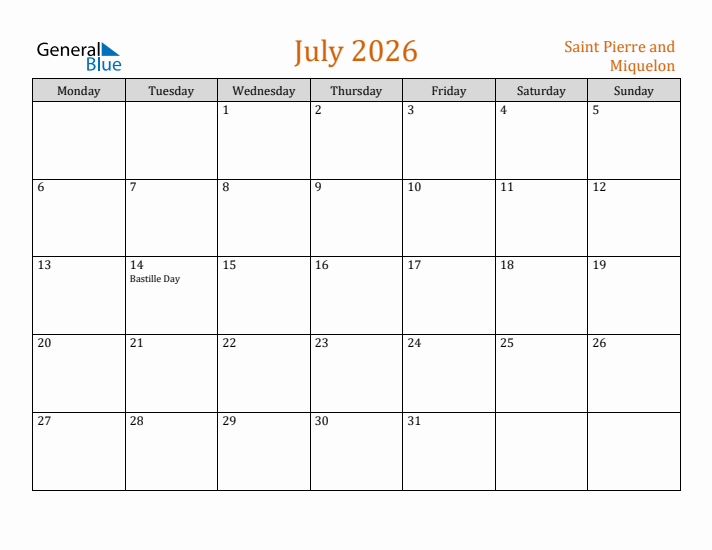 July 2026 Holiday Calendar with Monday Start
