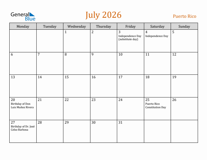 July 2026 Holiday Calendar with Monday Start