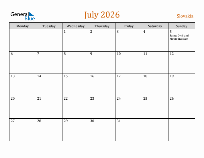 July 2026 Holiday Calendar with Monday Start