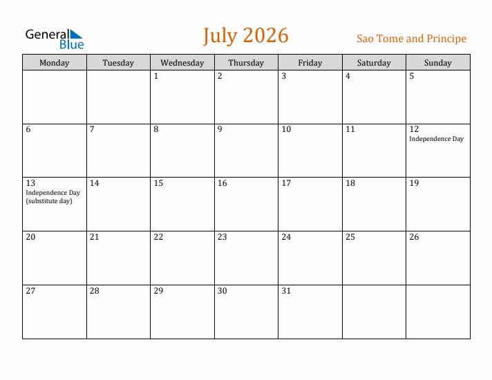 July 2026 Holiday Calendar with Monday Start