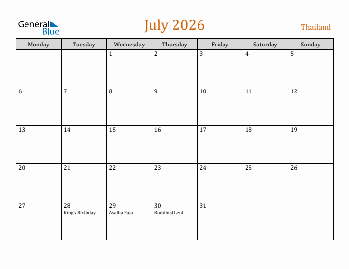 July 2026 Holiday Calendar with Monday Start