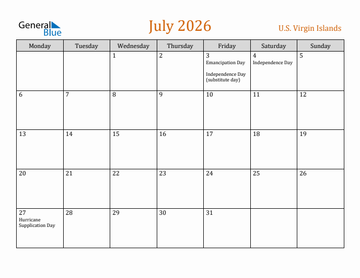 July 2026 Holiday Calendar with Monday Start