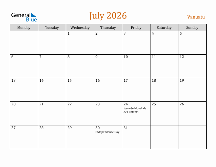July 2026 Holiday Calendar with Monday Start