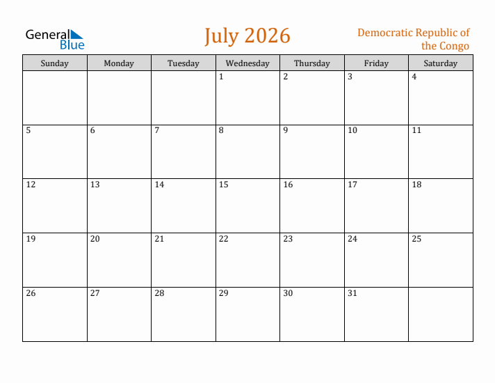 July 2026 Holiday Calendar with Sunday Start