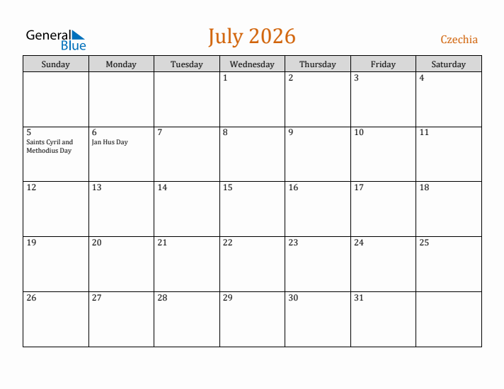 July 2026 Holiday Calendar with Sunday Start