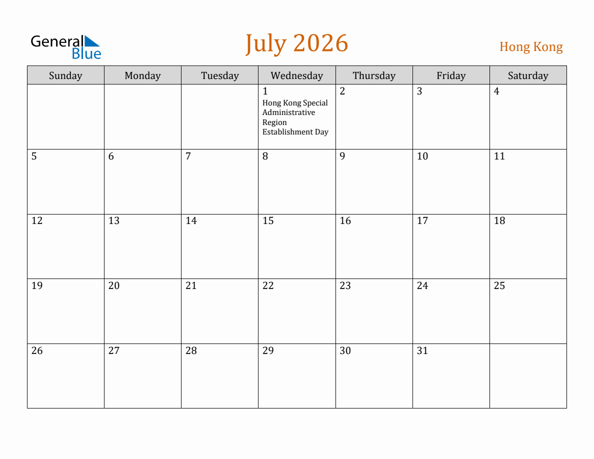 Free July 2026 Hong Kong Calendar