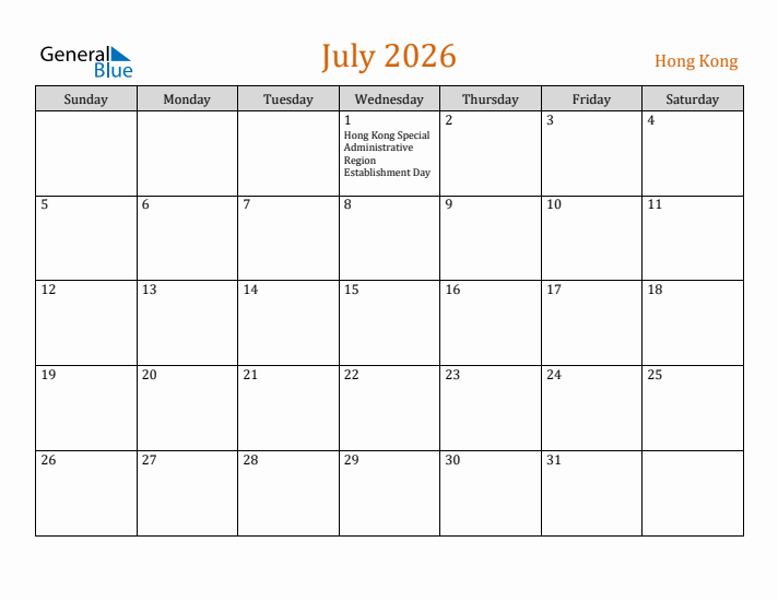 July 2026 Holiday Calendar with Sunday Start