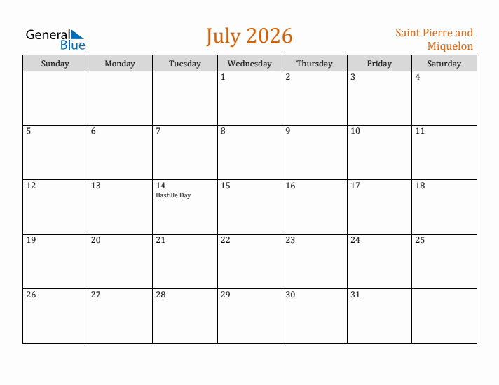 July 2026 Holiday Calendar with Sunday Start
