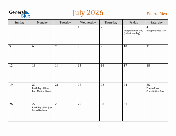 July 2026 Holiday Calendar with Sunday Start
