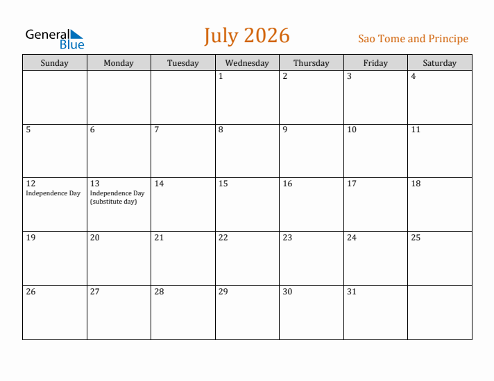 July 2026 Holiday Calendar with Sunday Start
