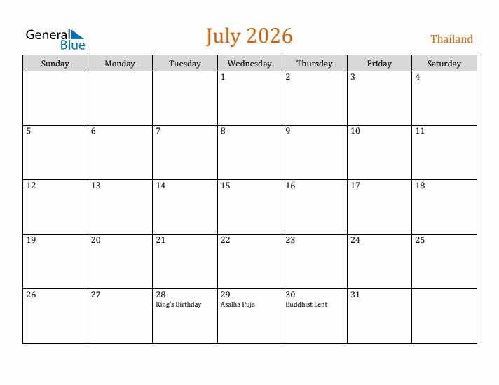 July 2026 Holiday Calendar with Sunday Start