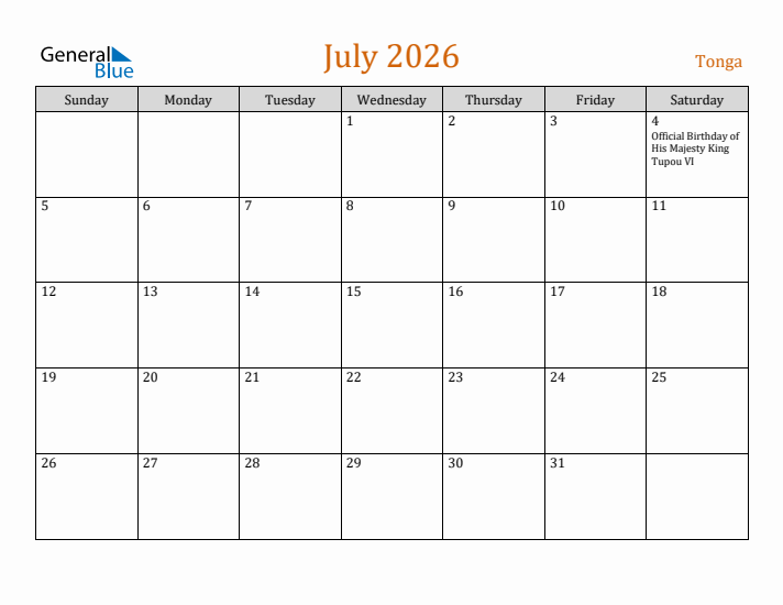 July 2026 Holiday Calendar with Sunday Start