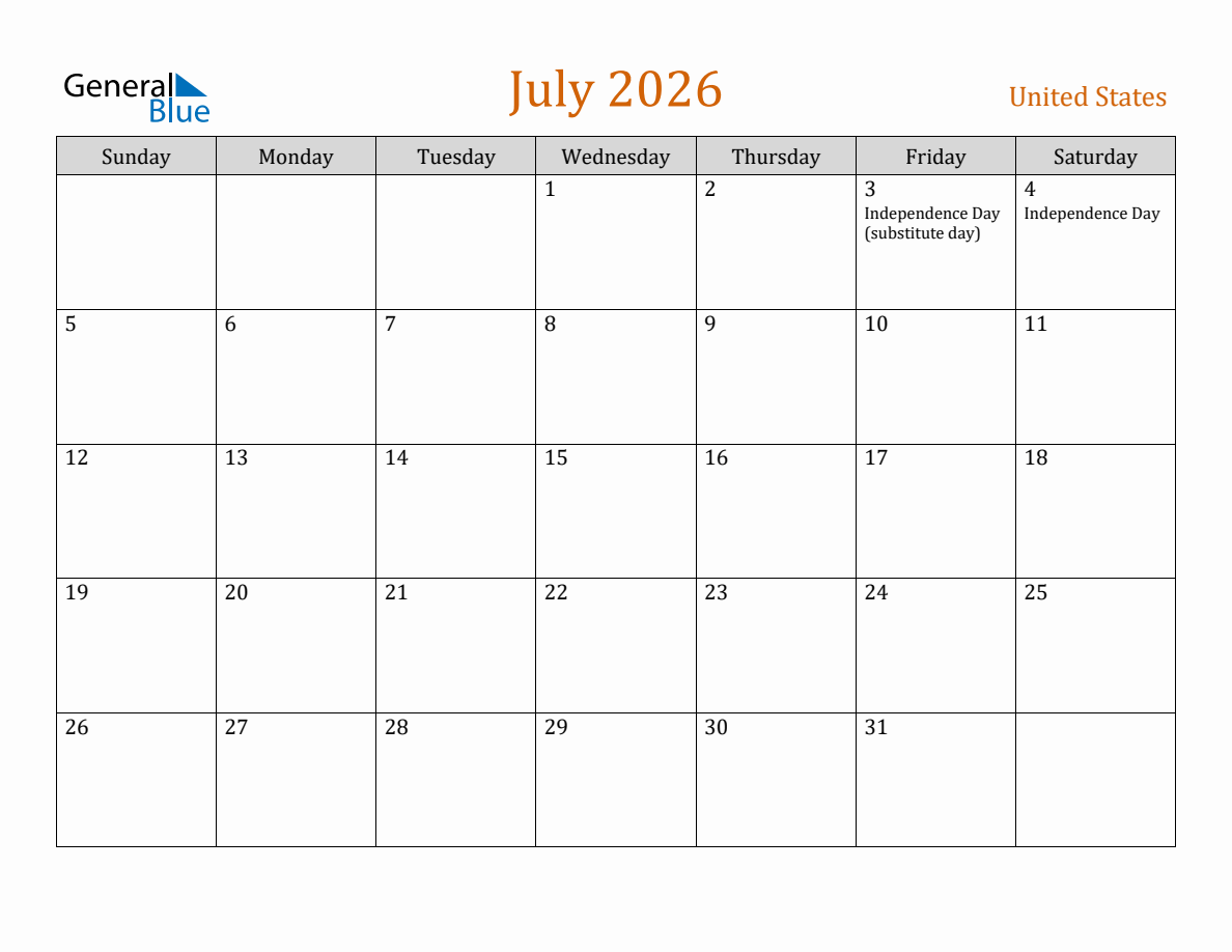 Free July 2026 United States Calendar