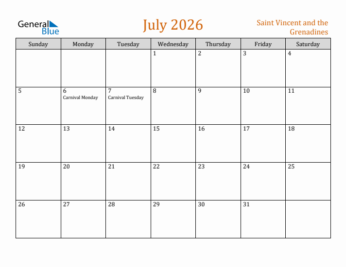July 2026 Holiday Calendar with Sunday Start