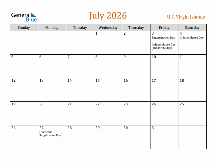 July 2026 Holiday Calendar with Sunday Start