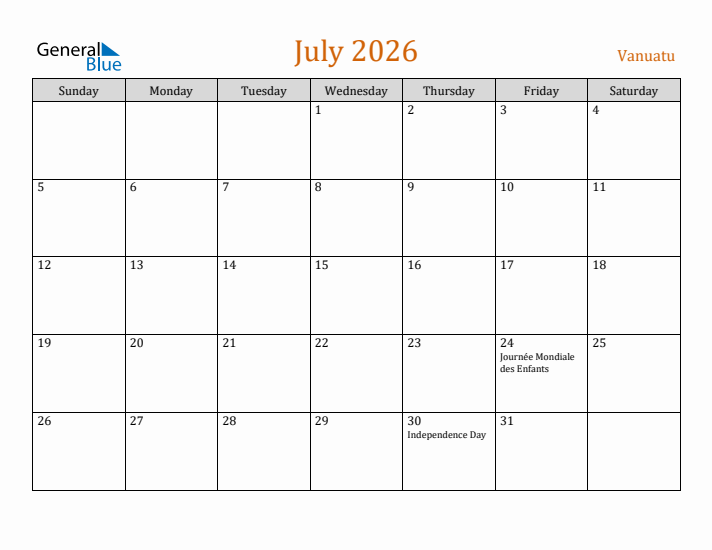 July 2026 Holiday Calendar with Sunday Start