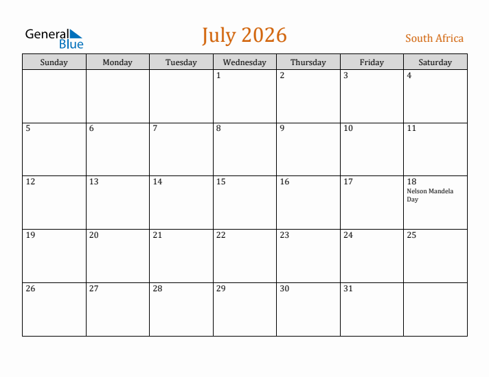 July 2026 Holiday Calendar with Sunday Start