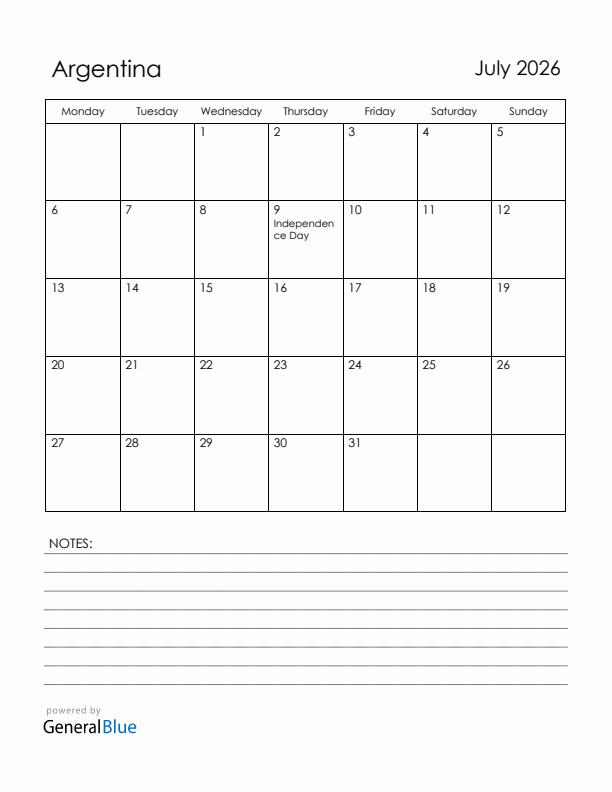 July 2026 Argentina Calendar with Holidays (Monday Start)