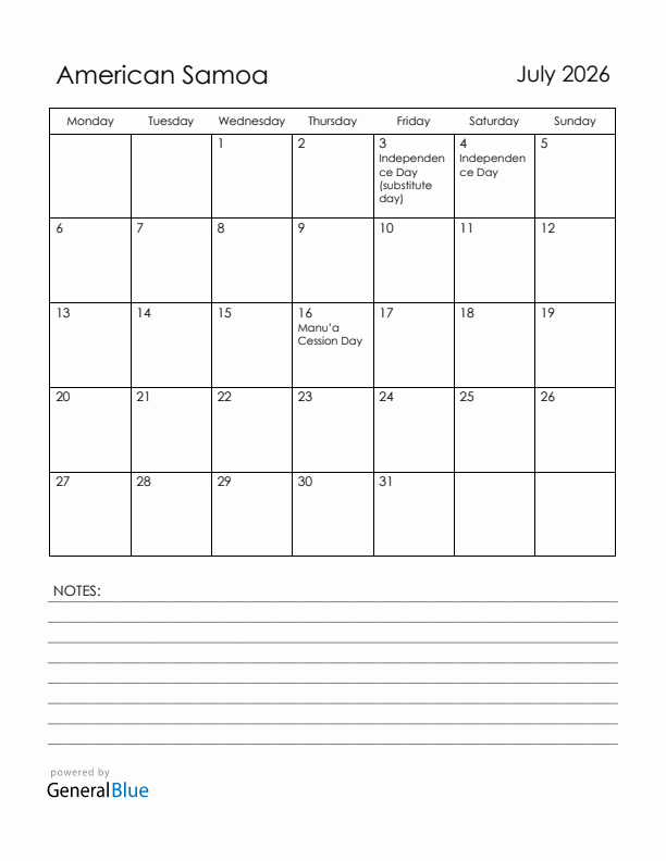 July 2026 American Samoa Calendar with Holidays (Monday Start)