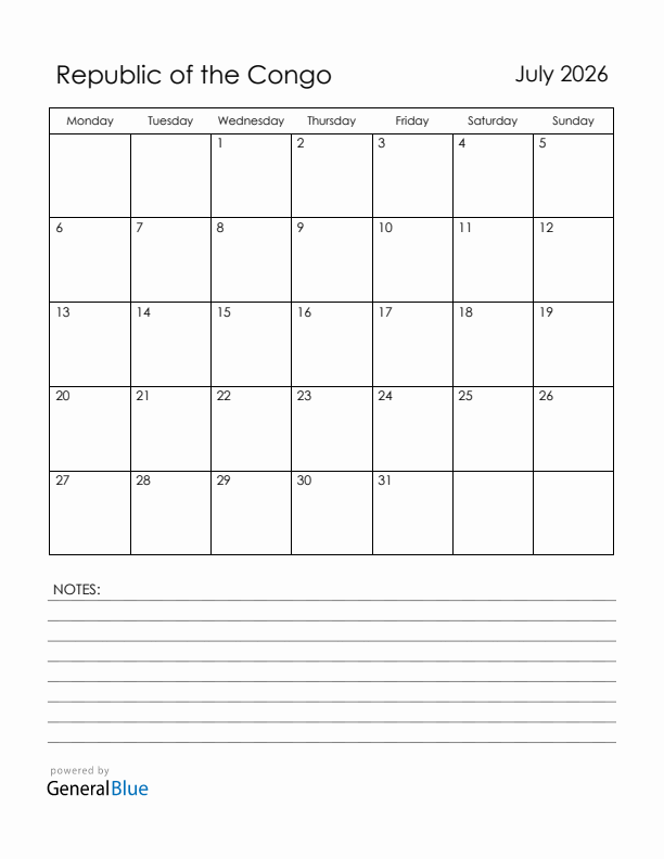July 2026 Republic of the Congo Calendar with Holidays (Monday Start)