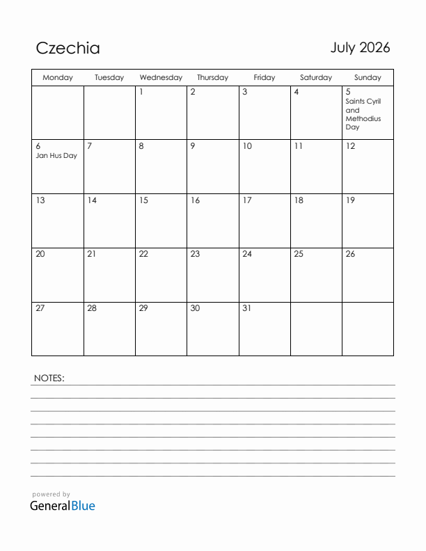 July 2026 Czechia Calendar with Holidays (Monday Start)