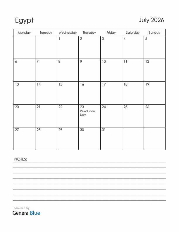 July 2026 Egypt Calendar with Holidays (Monday Start)