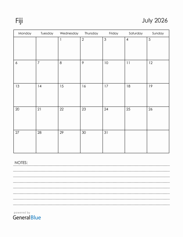 July 2026 Fiji Calendar with Holidays (Monday Start)