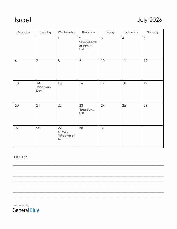 July 2026 Israel Calendar with Holidays (Monday Start)