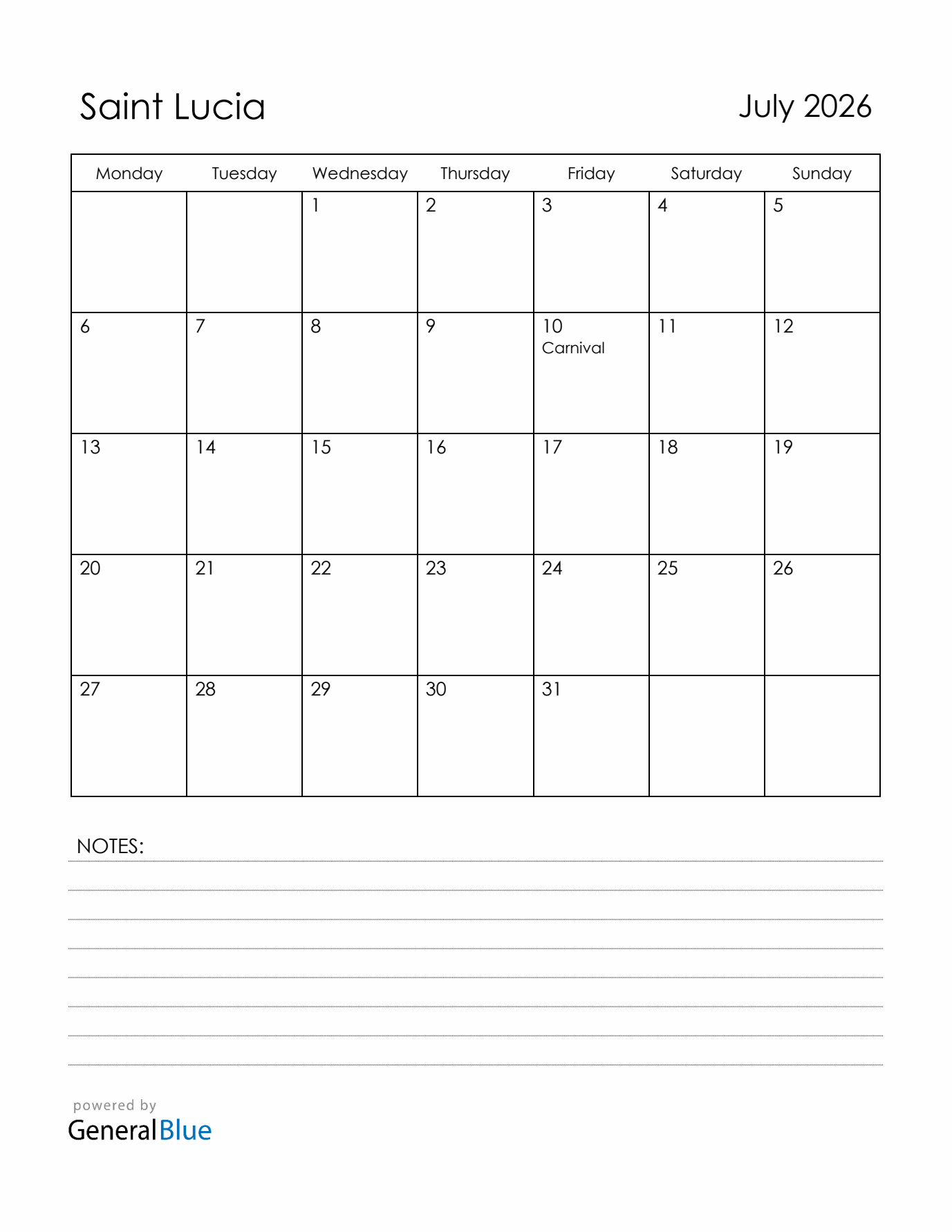July 2026 Saint Lucia Calendar with Holidays (Monday Start)