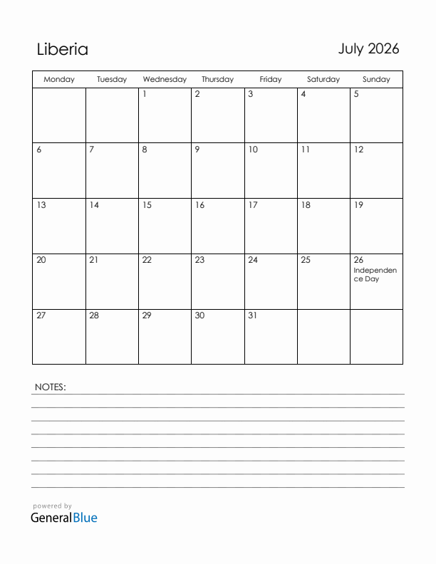 July 2026 Liberia Calendar with Holidays (Monday Start)