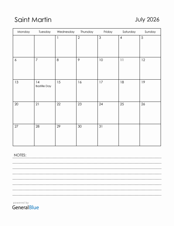 July 2026 Saint Martin Calendar with Holidays (Monday Start)