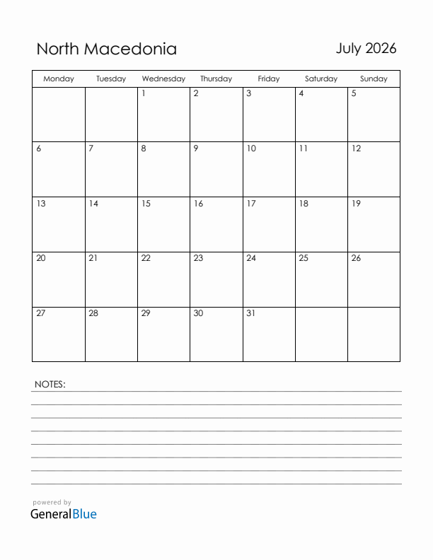 July 2026 North Macedonia Calendar with Holidays (Monday Start)