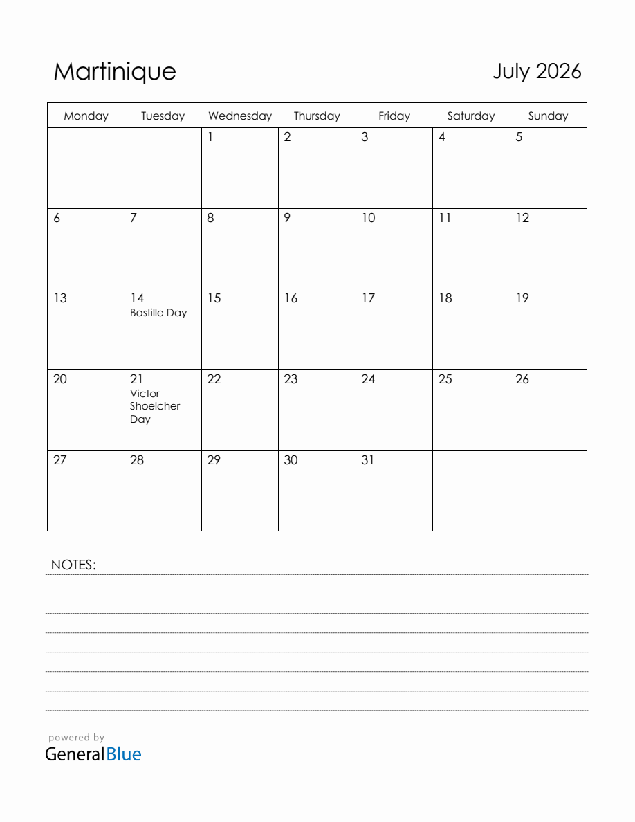 July 2026 Martinique Calendar with Holidays (Monday Start)