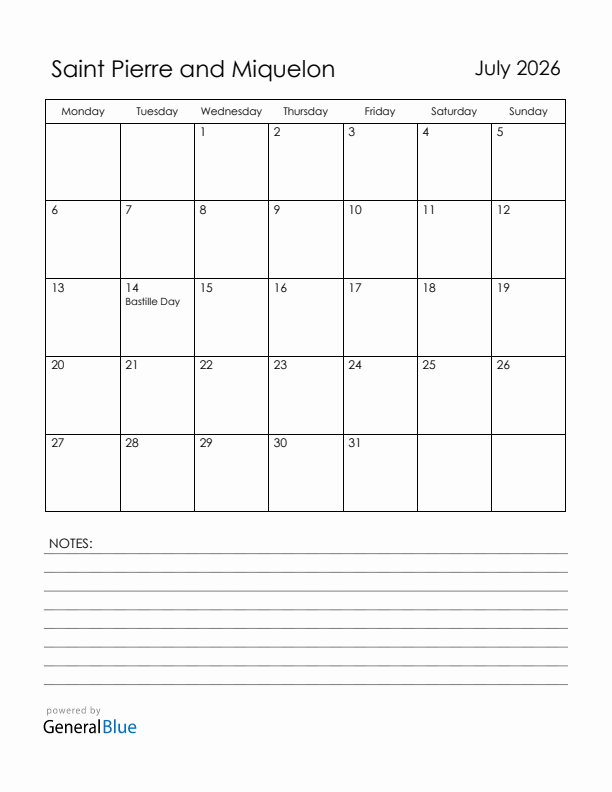 July 2026 Saint Pierre and Miquelon Calendar with Holidays (Monday Start)