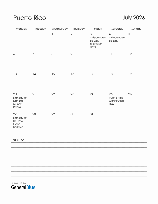 July 2026 Puerto Rico Calendar with Holidays (Monday Start)