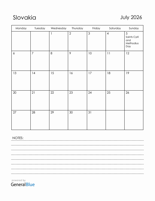 July 2026 Slovakia Calendar with Holidays (Monday Start)