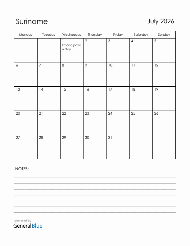 July 2026 Suriname Calendar with Holidays (Monday Start)