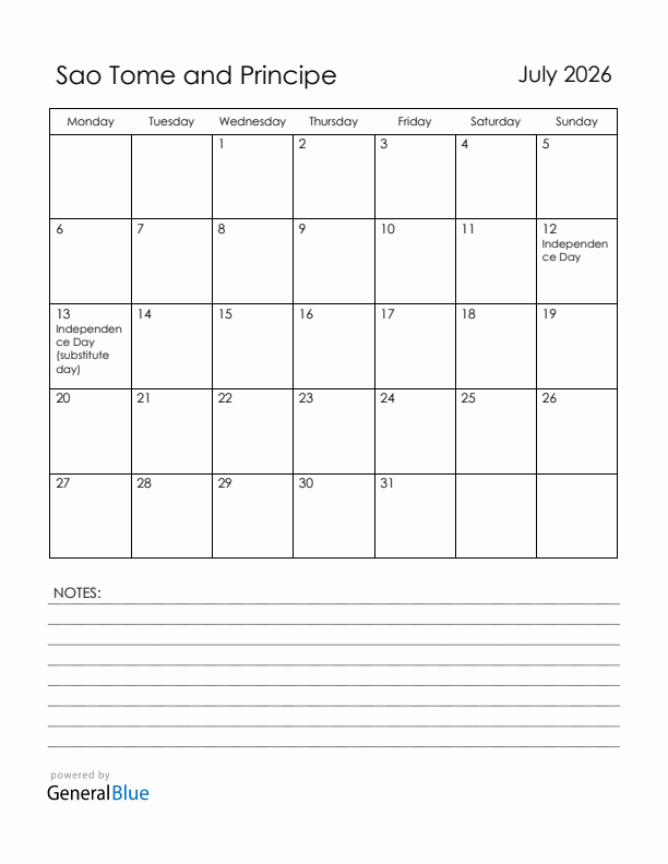 July 2026 Sao Tome and Principe Calendar with Holidays (Monday Start)