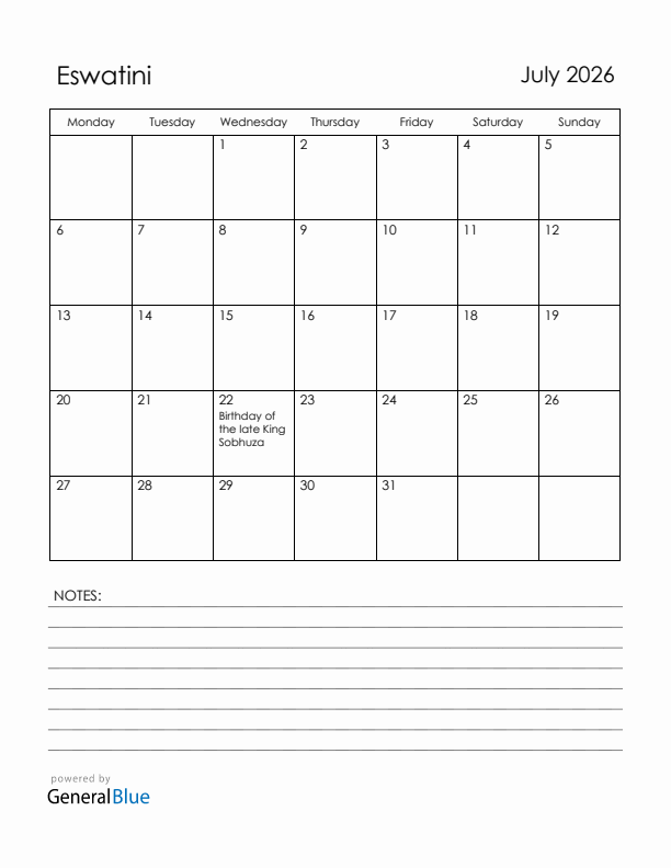 July 2026 Eswatini Calendar with Holidays (Monday Start)
