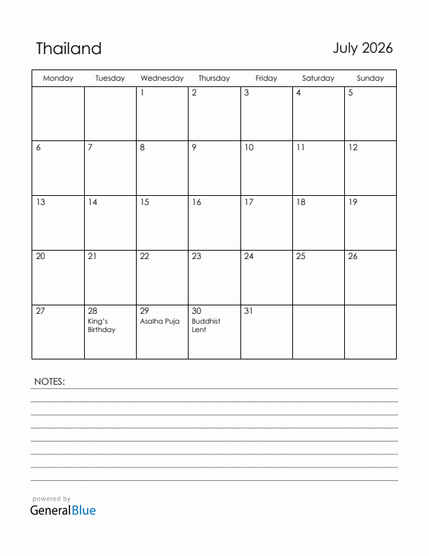 July 2026 Thailand Calendar with Holidays (Monday Start)