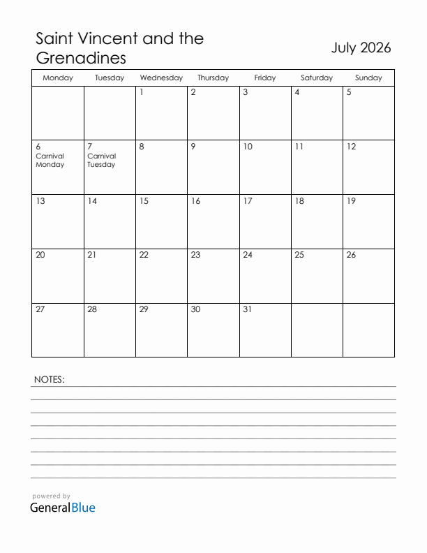 July 2026 Saint Vincent and the Grenadines Calendar with Holidays (Monday Start)