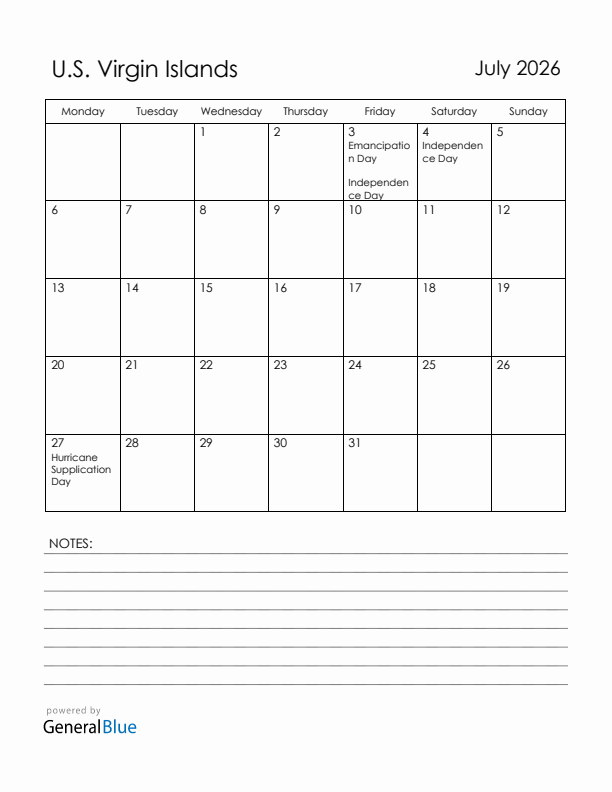July 2026 U.S. Virgin Islands Calendar with Holidays (Monday Start)