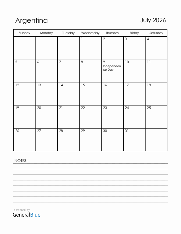 July 2026 Argentina Calendar with Holidays (Sunday Start)