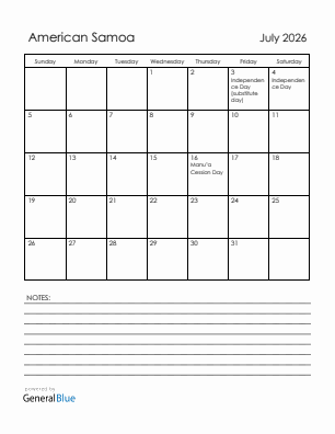 Current month calendar with American Samoa holidays for July 2026