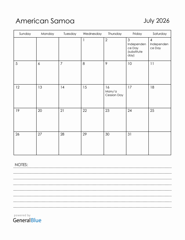 July 2026 American Samoa Calendar with Holidays (Sunday Start)