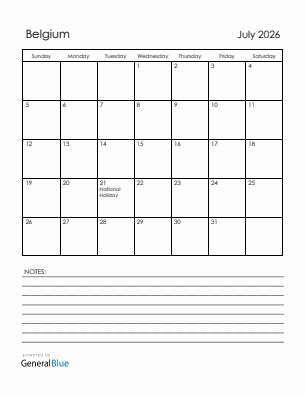 Current month calendar with Belgium holidays for July 2026