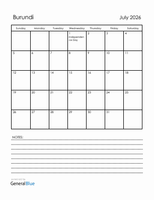 Current month calendar with Burundi holidays for July 2026