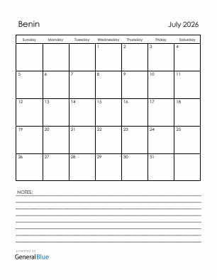Current month calendar with Benin holidays for July 2026
