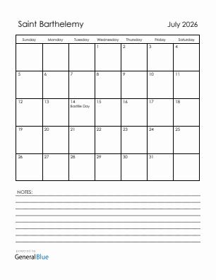 Current month calendar with Saint Barthelemy holidays for July 2026